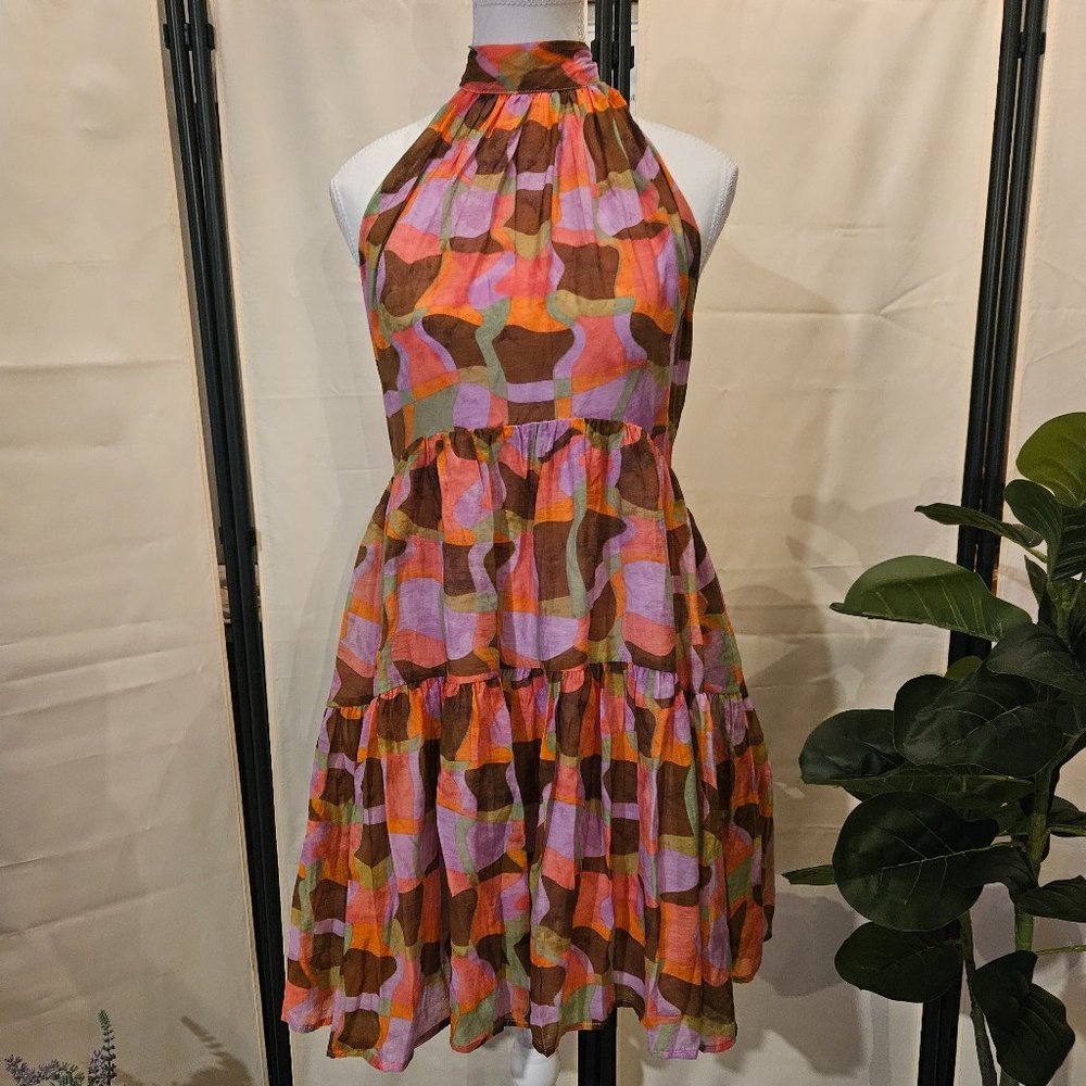 Astr Multicolor Halter Backless Tiered Mini Dress - Pink, Orange, Brown, Green